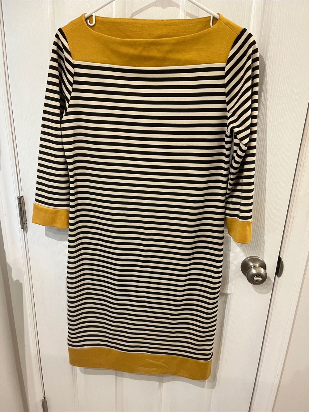Tiana B. Black & White Striped Long Sleeve Dress with Mustard Trim